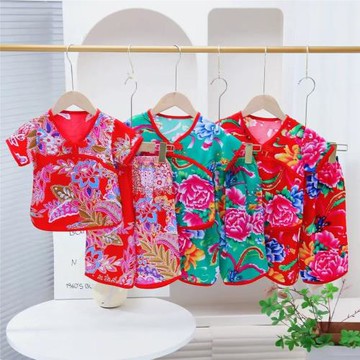 男女童短袖套裝寶寶居家服兒童短袖長褲休閑套裝大花布親子裝夏裝