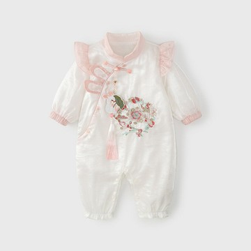 女寶寶衣服春季中式刺繡爬服長袖a類新生兒外出服嬰兒連體衣春裝鑫弘-素時衣櫥