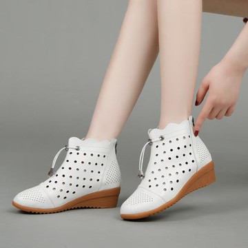 真皮坡跟女靴白色鏤空洞洞靴舒適透氣春秋短靴單靴涼靴軟底跳舞鞋