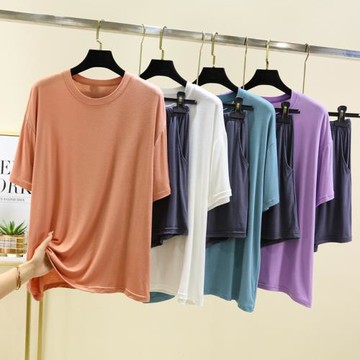 女士睡衣套裝短袖短褲莫代爾夏季薄款寬松大碼家居服可外穿兩件套