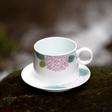 山水間 繡球花手繪咖啡杯帶碟 景德鎮全手工陶瓷馬克杯水杯子家用