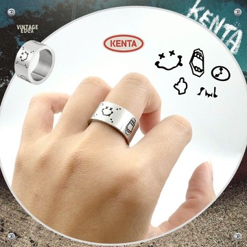 【KENTA】塗鴉笑臉戒指 GD感滿滿的寬戒指 中性男士戒指 情侶對戒