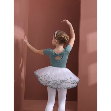 兒童舞蹈服綠色夏季短袖女童練功服考級連體幼兒芭蕾舞裙中國舞衣