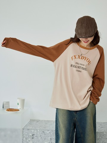 保暖磨毛撞色織紋拉克蘭袖上衣