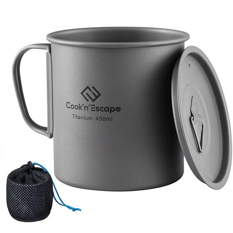 COOK'N'ESCAPE チタン シングルマグ アウトドア用 超軽量 指紋防止加工 専用収納袋付 450ml 蓋付き