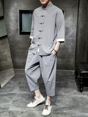 男士中國風短袖棉麻套裝 唐裝亞麻套裝中國風男裝棉麻復古裝短袖中山茶禪服新中式民族服裝
