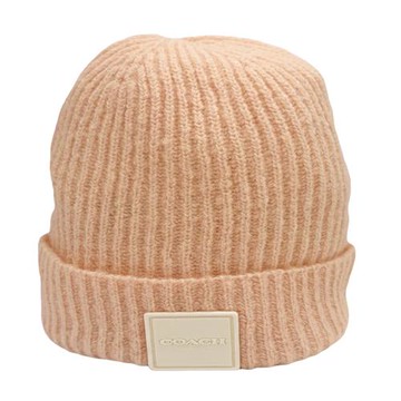 【COACH】方標 LOGO混羊毛毛帽(粉/白)