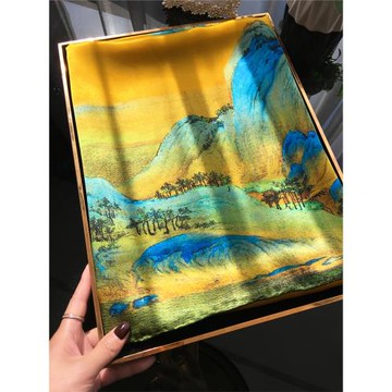 【千里江山圖】優雅中國風100%桑蠶絲大方巾 真絲絲巾圍巾披肩女