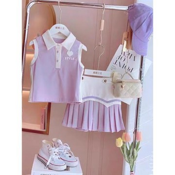女童JK套裝裙2026款中大童夏季女孩時髦洋氣學院風百褶裙兩件套
