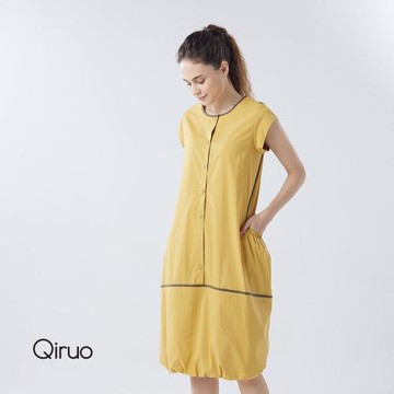【Qiruo 奇若】春夏專櫃芥末黃長洋裝0319F 小包袖滾咖啡邊
