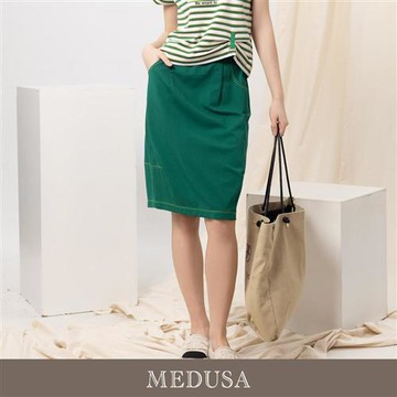 現貨【MEDUSA 曼度莎】黃綠壓線休閒窄裙（M-XL）｜休閒裙 窄裙 休閒短裙