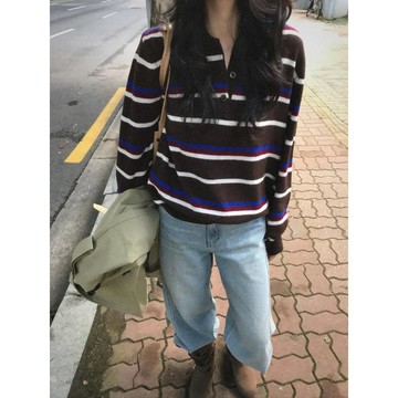 ˏˋ𝐻𝑒𝑦 𝑆𝑝𝑟𝑖𝑛𝑔 - ̗̀🌷⛅️ ̖́‎韓國 INS休閒條紋Polo領條紋翻領套頭毛針織上衣