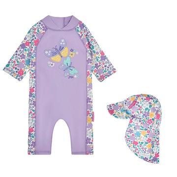 英國 JoJo Maman BeBe - 連身式泳裝+防曬護頸遮陽帽-蝴蝶蘭_JJL1999+紫羅蘭_JJL2764