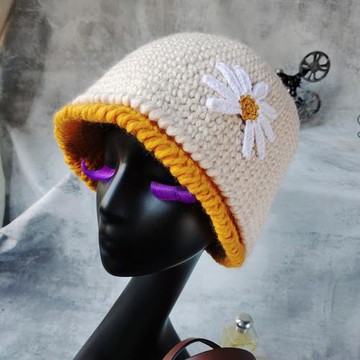 秋冬季小雛菊針織帽子女日系甜美可愛保暖百搭毛線漁夫盆帽閨蜜帽