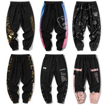 男士褲子休閑褲卡通燙金熊貓印花漸變太空運動束腳春秋情侶裝衛褲