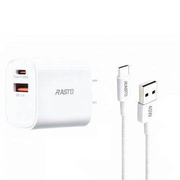 RASTO 20W PD+QC3.0智能充電器 + 40W A to C快充傳輸線組  白色  1組