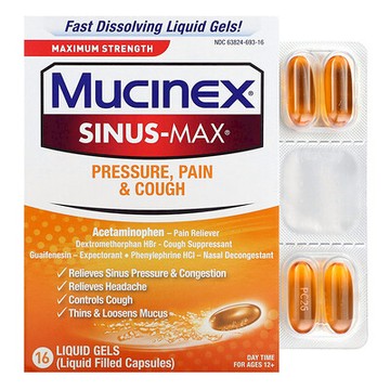 Mucinex, Sinus-Max，壓力、疼痛和咳嗽，特強型，12 歲以上，16 粒液體凝膠