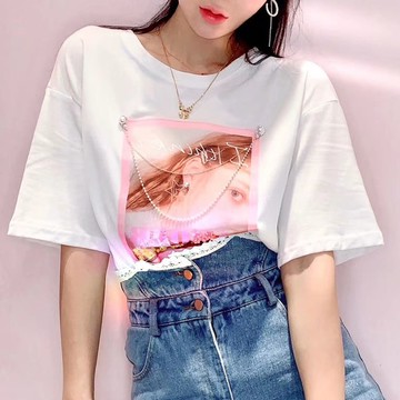 韓國女孩相片T釘珠可拆卸項鍊寬鬆短袖T恤上衣 VINA扉娜【現+】TOP200393