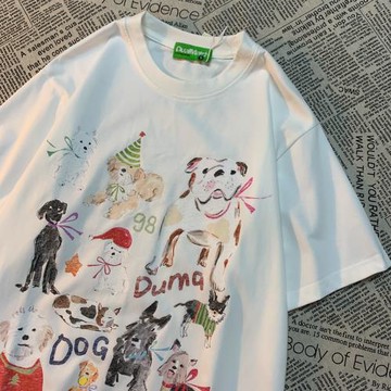 CMYJN 美式復古卡通印花圓領短袖T恤男女寬松百搭情侶裝半袖體恤