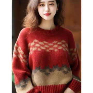 新年紅色軟糯針織衫女裝秋冬新款撞色菱格藝術奶乖茶里茶氣毛衣