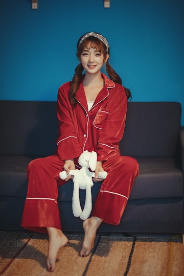 美琪 (親膚柔軟)벨벳天鵝絨襯衫領新婚웨딩睡衣絲絨休閒簡約加厚家居服套裝