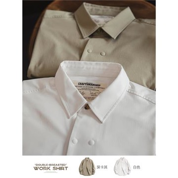 馬登工裝美式休閑人字紋雙排扣長袖襯衫百搭通勤翻領白襯衣男春