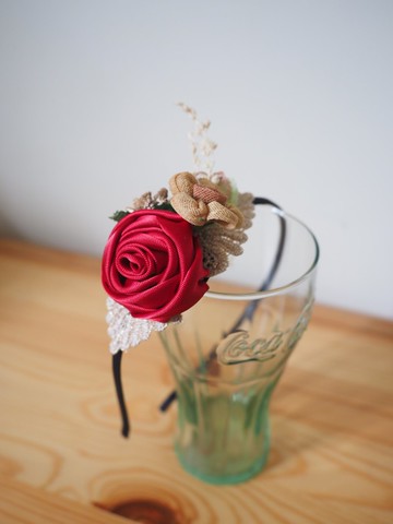 手作紅色絲帶玫瑰花頭箍