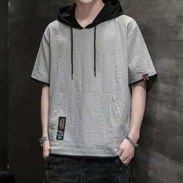 亞麻短袖t恤男潮牌夏季薄款冰絲速干假兩件半袖男生連帽寬松體恤