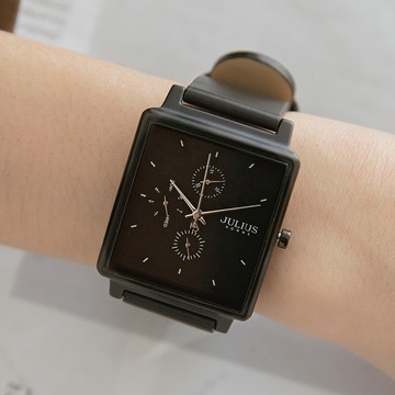 正韓JULIUS為你寫詩中性三眼方形真皮手錶【WJAH129】-黑面黑帶