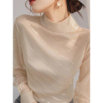 早秋新款今年流行漂亮小衫法式氣質上衣淺米色亮片長袖非防曬面紗