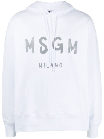 MSGM - logo-print drawstring hoodie - men - Cotton - L - White