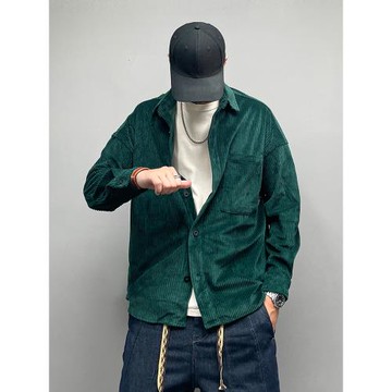 美式休閑純色加厚燈芯絨長袖襯衫秋冬新款寬松純色翻領口袋襯衫男