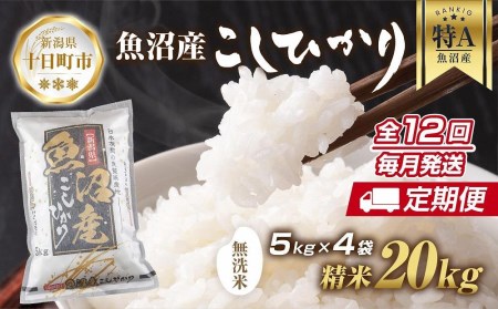 ｜無洗米｜ 新潟県 魚沼産 コシヒカリ お米 20kg×計12回 精米済み 年間 毎月発送 こしひかり（お米の美味しい炊き方ガイド付き）