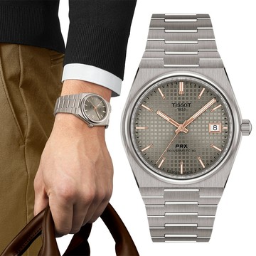TISSOT 天梭 PRX系列 復刻款酒桶形鈦金機械錶/灰/38mm/T1378074406100