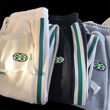 華夫格衛褲男美式重磅條紋運動褲春秋款潮牌寬松休閑褲束腳哈倫褲