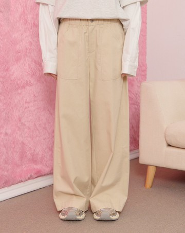 天絲多口袋鬆緊工裝寬褲(兩色)