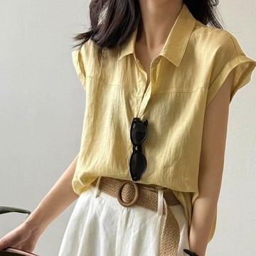 法式無袖襯衫女 上衣 襯衫 襯衣 高級感白色短袖襯衫女夏通勤穿搭法式襯衣小飛袖無袖通勤上衣 韓版女裝