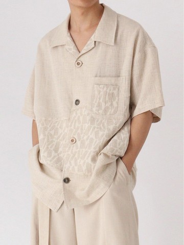 日系復古肌理 棉麻拼接短袖襯衫