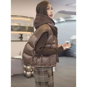 高端羽絨棉馬甲女新款拼皮抽繩加厚保暖小個子時尚立領秋冬外套潮