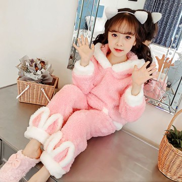 Yummy❥兒童睡衣珊瑚絨秋冬季加厚款法蘭絨中大女童孩小兔繡花套裝家居服