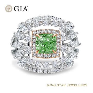 King Star GIA 一克拉 18K金 天然綠彩天然鑽石戒指(枕型花式車工)