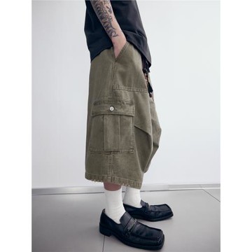 INKNOTS美式復古做舊水洗廓形工裝休閑七分褲男女寬松彎刀短褲潮