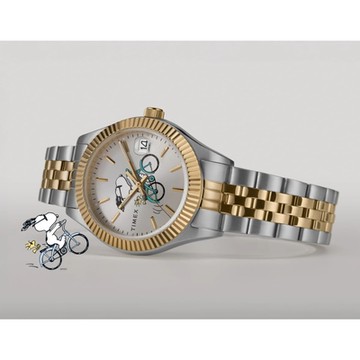 TIMEX  天美時 x Peanuts 限量聯名  34 毫米史努比與Woodstoc騎自行車 雙色手錶 (銀x金銀TXTW2W78800)