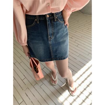 BY SPRING 新款 復古水洗深藍色牛仔半身裙子女 短裙A版顯瘦