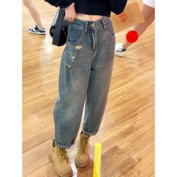 大碼2026夏季新款美式哈倫牛仔褲胖mm梨型身材寬松遮胯休閑老爹褲