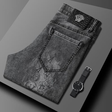 男款夏季潮流印花煙灰色牛仔褲