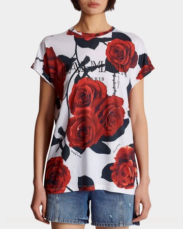 BALMAIN 復古紅玫瑰印花 T-Shirt - S