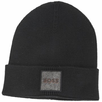 BOSS Foxxy 字母毛呢補丁黑色羊毛混紡反摺針織帽