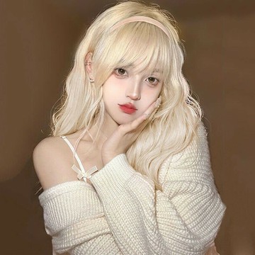 假頭套女長髮 大波浪空氣劉海白金色長捲髮 lolita自然仿真全頭套式 網紅圓臉大波浪 蓬鬆全頭套式長捲髮 氣質鎖骨假髮