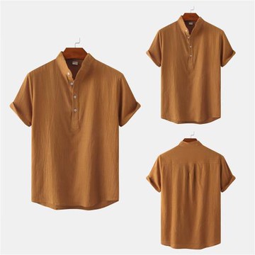 夏季男士立領襯衫沙灘短袖寬松印花襯衫men's stand collar shirt